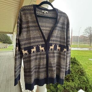 Vintage Navy and Tan Knit Holiday Cardigan with Reindeer Pattern
